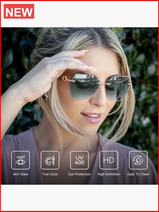 Geometric Diamond Cutting Oversized Rimless Sunglasses UV400 Protection
